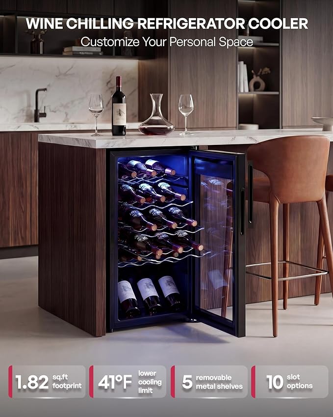 18 Bottle Compressor Wine Cooler Refrigerator，Freestanding Wine Fridge with Digital Temperature Control & Double-layer Glass Door, 41-64°F Wine Cellar for Red Wine, Champagne, Beer, Black