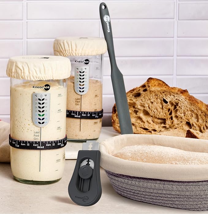 KneadAce Sourdough Starter Kit – 24oz Starter Jar, 2 Cotton Rope Banneton Proofing Baskets, Magnetic Bread Lame for Scoring – Gift for Bakers & Complete Sourdough Bread Baking Set
