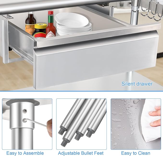 HARDURA Stainless Steel Prep Table with Drawer 24" x 48" NSF Heavy Duty Bench with Undershelf, Hook and Galvanized Legs for Commercial Food Prep