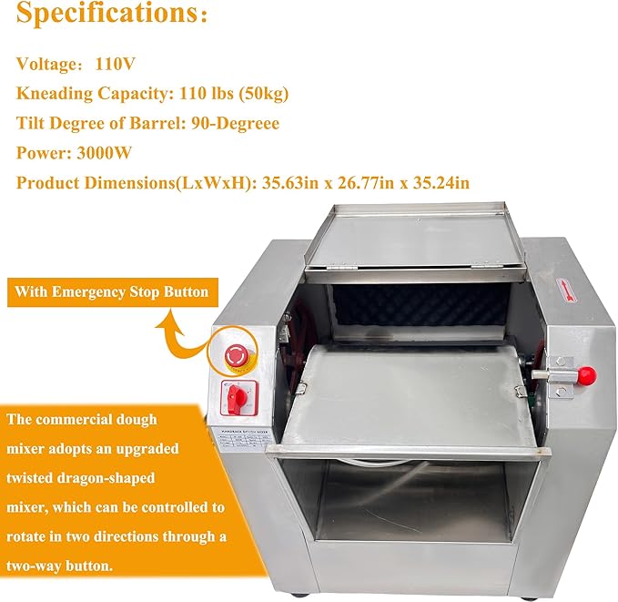 Dough Mixer 110V Commercial Food Mixer Stainless Steel Dough Kneading Machine 90 Degree Tilt Flour Mixing Machine 110lbs Kneading Capacity for Schools Restaurants