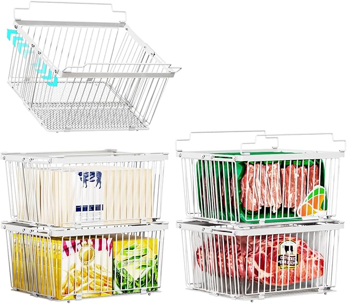 Large Freezer Organizer Bins，Upgraded Bottom Leak-Proof net，Fit 5 to 9 Cu Ft Chest Freezer，5 Pack， Expandable Stackable Chest Freezer Containers with Handle (White-5P)