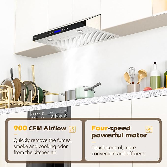 EKON 36 BLack New inches Under Cabinet Range Hood, 900 CFM Stainless Steel Kitchen Chimney Vent, 4 Speed Touch Screen Control With Remote 2Pcs 3W LED lights Dishwasher-safe Filters Fan Timer