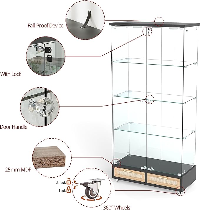 Yoluckea 4 Tier Glass Display Cabinet with LED Lighting and 2 Drawers, 2 Doors Floor Standing Curio Cabinet with Wheel for Home, Office, Corner Display, Black Glass Bookshelf for Collections and Decor