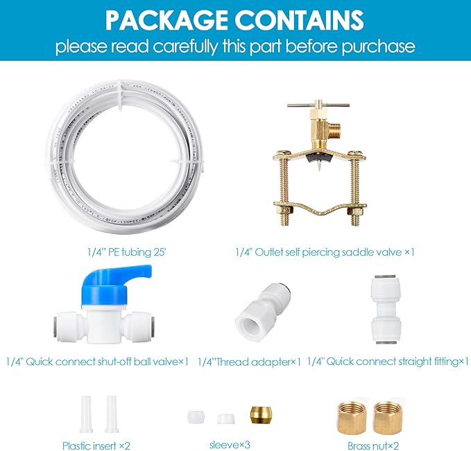 Ice Maker Water Line Kit - Food Grade Refrigerator/Fridge Water Line Kit,25FT 1/4In O.D.Water Line with Self Piercing Valve and Quick Fittings, for Adding a branch waterway to Refrigerator/Ice Maker