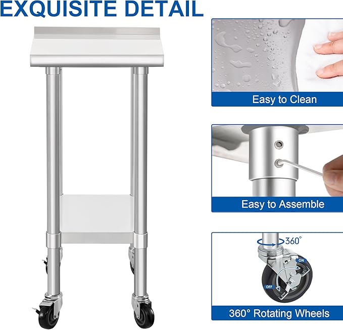HARDURA Stainless Steel Commercial Work Table with Wheels Prep & Work Metal Table 24×15 Inches Heavy Duty NSF with Casters and 2" Backsplash