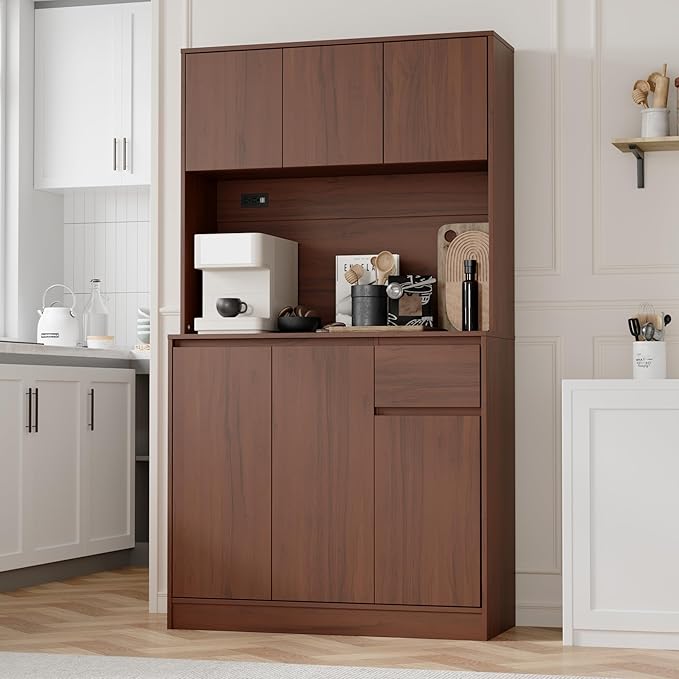 71" Tall Brown Kitchen Pantry Cabinet with 6 Doors & Power Outlet, Freestanding Storage Hutch with Countertop, Adjustable Shelves for Dining Room, Laundry Room