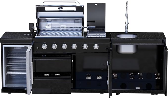 98-Inch Modular Propane-Powered Outdoor Kitchen Island, All-in-One Patio Cooking Station with BBQ Grill, Refrigerator, Sink & Storage