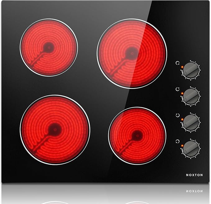 Noxton 24 Inch Electric Cooktop 4 Burners Electric Stove Top, Built-in 24" Radiant Ceramic Cooktop with Knob Control, Hot Surface Indicator, 220-240v,6000W, No Plug, Hard Wire