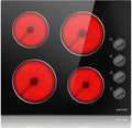 Noxton 24 Inch Electric Cooktop 4 Burners Electric Stove Top, Built-in 24" Radiant Ceramic Cooktop with Knob Control, Hot Surface Indicator, 220-240v,6000W, No Plug, Hard Wire