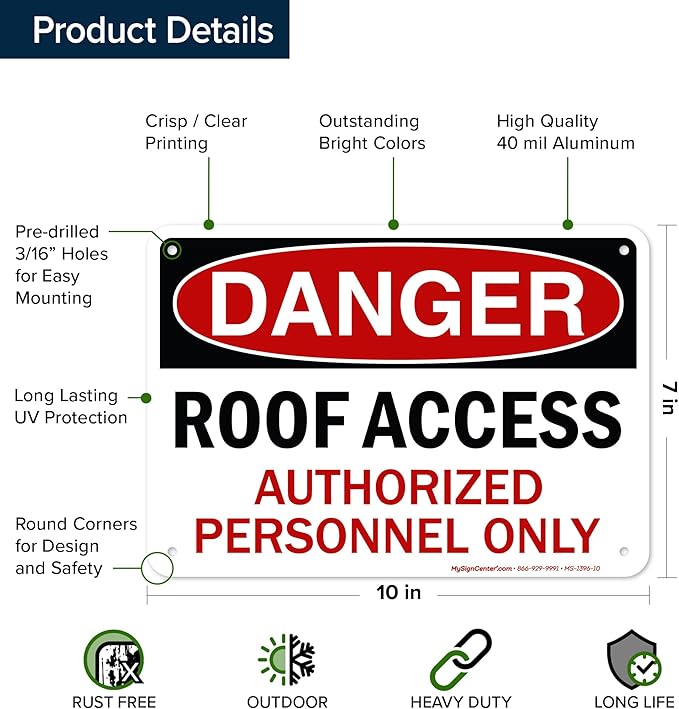 Danger Roof Access Authorized Personnel Only Sign, 7x10 Inches, Rust Free .040 Aluminum, Fade Resistant, Made in USA by My Sign Center