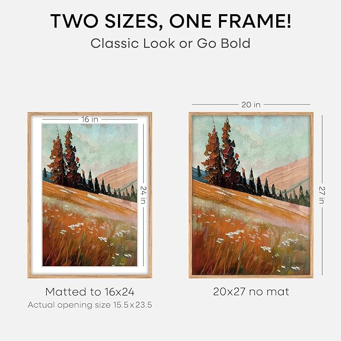 Homeforia 20x27 Picture Frame Natural Wood, High End Oak 20x27 Light Wooden Poster Frame with Mat 16x24, 20 x 27 Frames Matted to 16 x 24 Photo, 27x20 Hanging Frame, Tempered Glass, Wall Kit, Set of 2