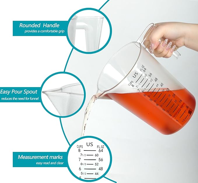 8 Cup/2-Quart Large Measuring Cups, Clear, Strong Food Grade Liquid Measure Pitcher, for Home Hobbies/Professional Kitchen