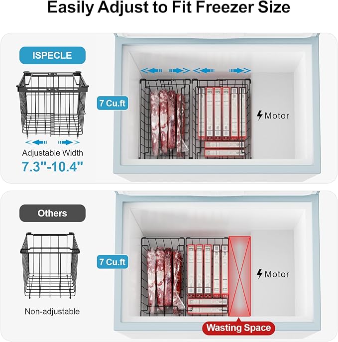 iSPECLE Freezer Organizer Bins - 3 Pack with Freezer Inventory List Board, Adjustable Width for 5 to 7 Cu.Ft Chest Freezers, Stackable Deep Freezer Bins, Assembly Required, Black