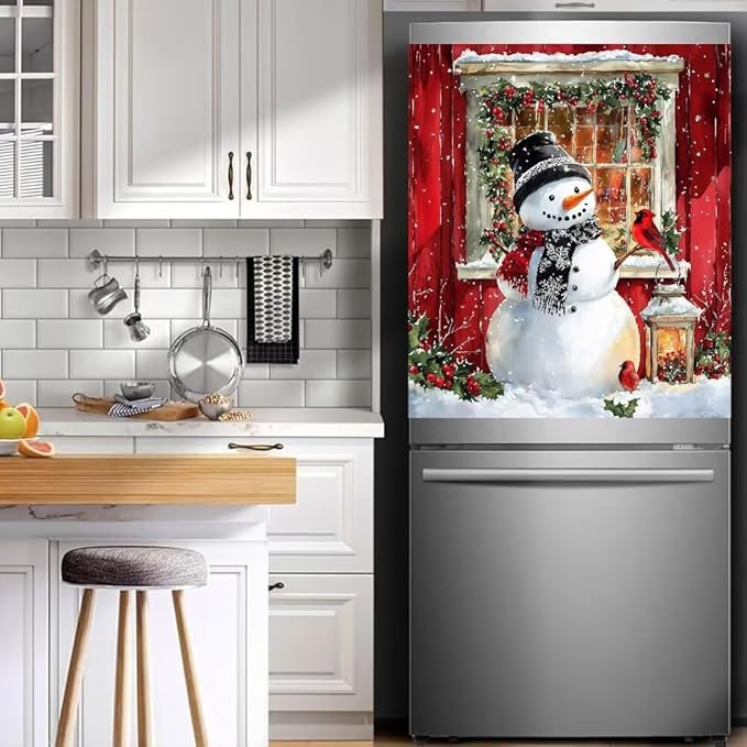 Christmas Snowman Magnetic Dishwasher Cover Vinyl Sticker,Red Barn Winter Scene Dishwasher Magnet Cover, Xmas Bird Fridge Door Cover Magnets Art Skin Panel Decal for Home Decor, 23"X26"