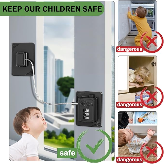2 Pack Refrigerator Locks with 3 Digit Code, Easy Install Fridge Lock Combination, Premium Freezer Lock, Child Proof Cabinet Locks for Refrigerators, Drawers, Closets, Windows (Black)