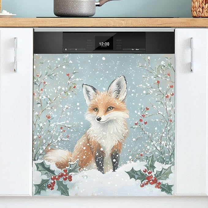 Fox Snow Dishwasher Magnet Cover Front Dishwasher Cover Magnetic Home Cabinet Decals Appliances Stickers Refrigerator Decor, 23x26in