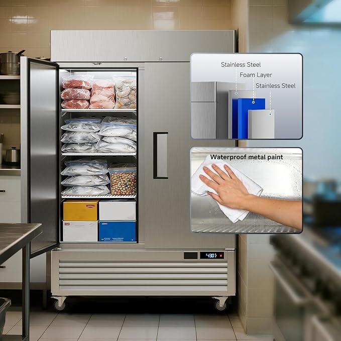 VEECOOL 54" W Commercial Reach in Freezer WiFi Enabled with Smart App Control, 49 Cu.Ft Fan Cooling Stainless Steel Solid Door Upright Freezer for Commercial Restaurant Cafe Kitchen Garage