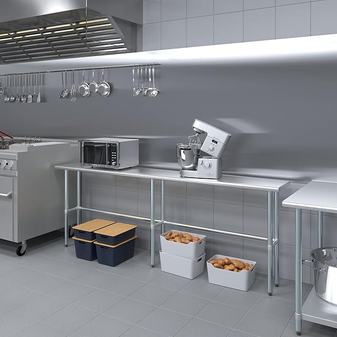 AmGood Stainless Steel Work Table Open Base | NSF Kitchen Island Food Prep | Laundry Garage Utility Bench (96" Long X 14" Deep)