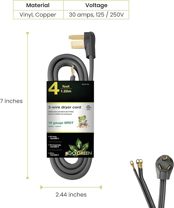 Go Green Power Inc. GG-27104 4’ 3-Wire Dryer Cord, 20 Amps, 4 Ft