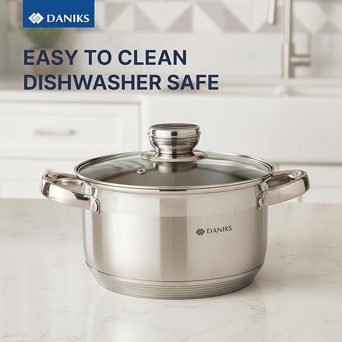 Daniks Standard 3 Quart Stainless Steel Stock Pot with Glass Lid, Try-Ply Bottom for Even Heating, Induction Compatible, Dishwasher Safe, Built-In Measuring Scale, Silver