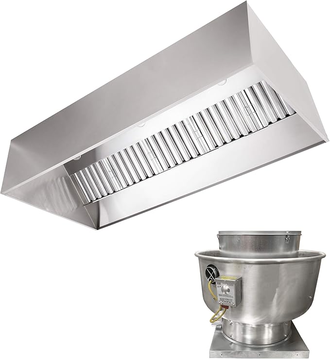Stainless Steel Commercial Exhaust Only Hood System, Includes Stainless Steel Exhaust Only Hood, Rooftop Exhaust Fan, and Roof Curb (9' Wall Exhaust Only Hood & Fan)