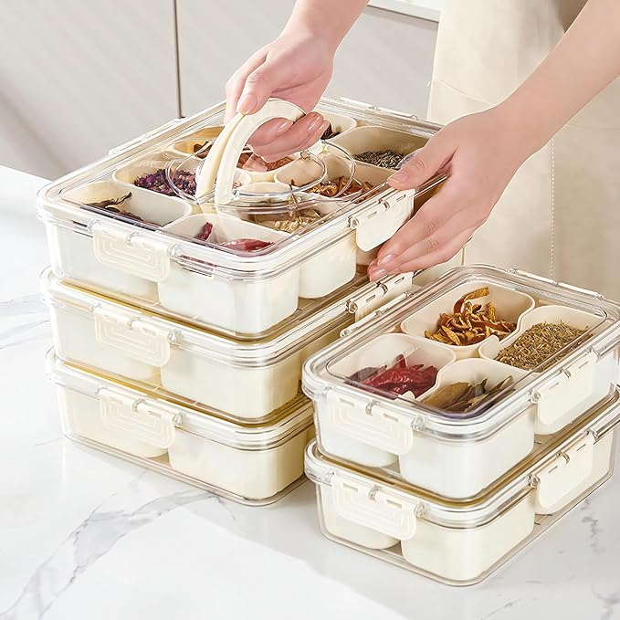 Eanpet 2Pack Divided Veggie Tray with Lid and Handle 8 Compartment Serving Tray with Dividers Portable Travel Snack Containers Stackable Snackle Box Charcuterie Container for Fruit,Vegetable,Salad