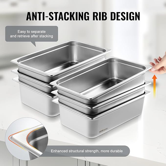 VEVOR 6 Pack Hotel Pans, Full Size 0.8mm Thick 6-Inch Deep Commercial Stainless Steel Restaurant Steam Table Pan, Catering Storage Food Pan, for Industrial & Scientific