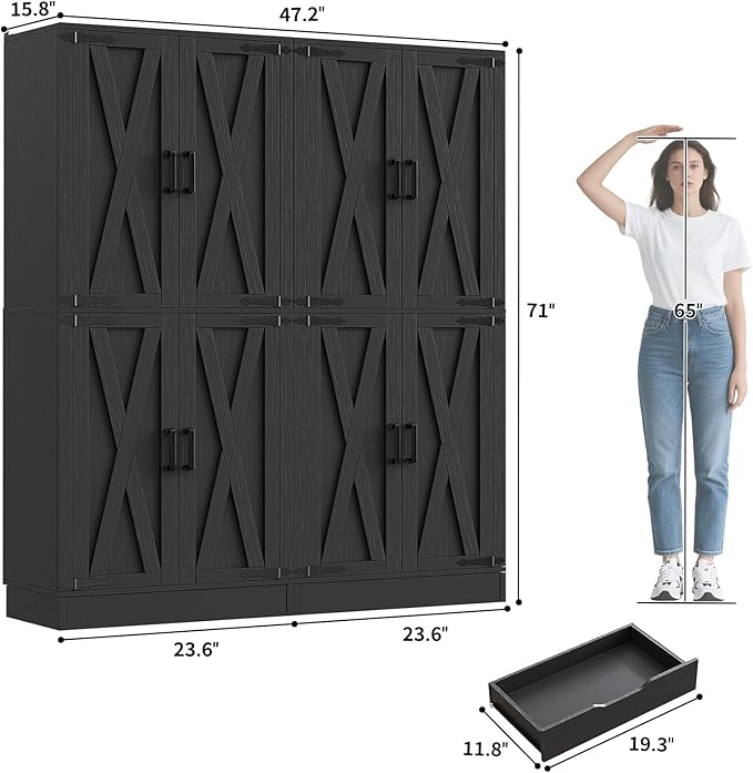 Unikito 71" Tall Kitchen Pantry Cabinet with Farmhouse Barn Doors and Storage Drawer, 4 Adjustable Shelves, Freestanding Cupboard for Kitchen, Dining Room, Living Room, Utility Room, Black 2 Pack