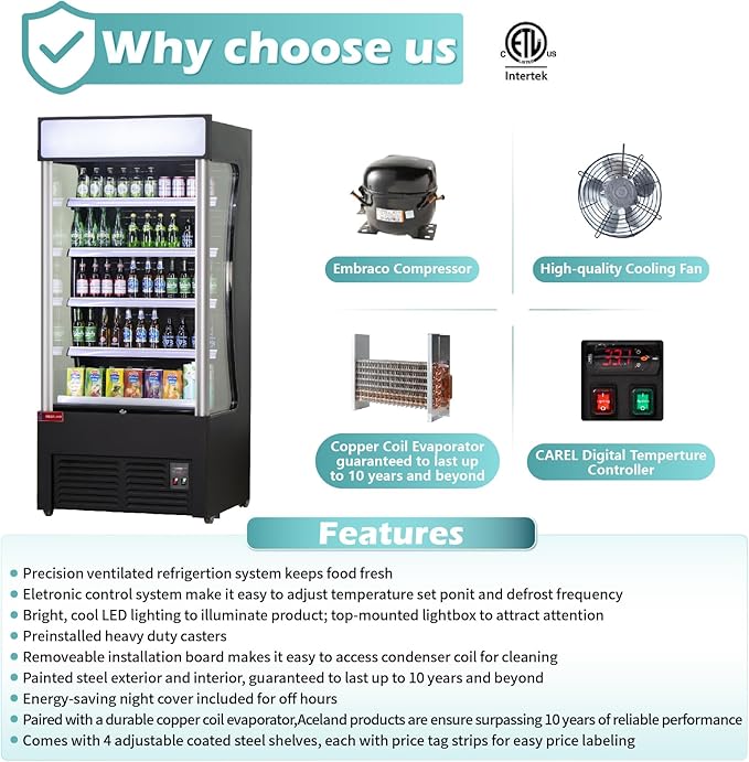 WESTLAKE Open Air Merchandiser Commercial Refrigerator with Lighting and Night Curtain 25.5 Cu.ft 35.4” W 32.5" D Upright Fan Cooling Display Cooler for Stores, Supermarkets, Bar, Shops, etc