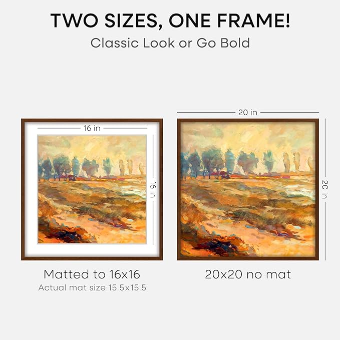 Homeforia 20x20 Brown Picture Frame, High End Dark Oak 20 x 20 Square Wood Frame with Mat 16 x 16 for Photo, 20by20 Wooden Walnut Poster Frame Matted to 16x16 Print, Tempered Glass, Wall Kit, Set of 4