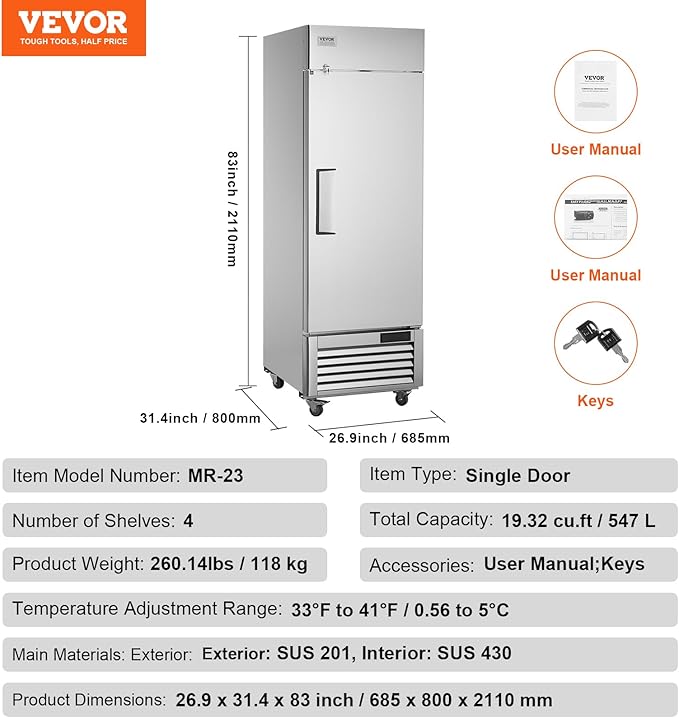 VEVOR Commercial Refrigerator 19.32 Cu.ft, Reach In 27" W Upright Refrigerator Single Door, Auto-Defrost Stainless Steel Reach-in Refrigerator & 4 Shelves, 33 to 41℉ Temp Control, LED Light, 4 Wheel