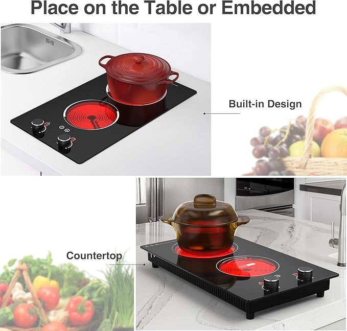 Electric Cooktop,110V 2100W Electric Stove Top with Knob Control, 10 Power Levels, Kids Lock & Timer, Hot Surface Indicator, Overheat Protection,Built-in Radiant Double induction cooktop