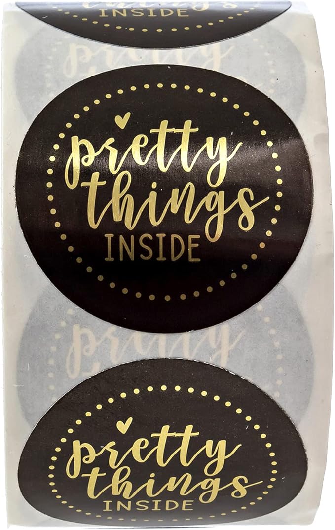 Black and Gold Foil Pretty Things Inside Stickers / 500 Sticker Roll / 1.5" Round Label/Small Business Online Retailer Labels