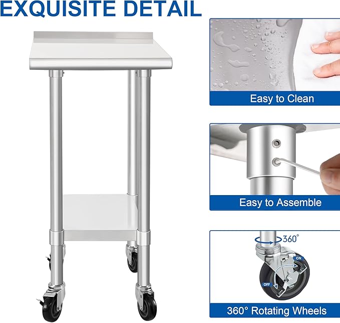HARDURA Stainless Steel Commercial Work Table with Wheels Prep & Work Metal Table 24×18 Inches Heavy Duty NSF with Casters and 2" Backsplash