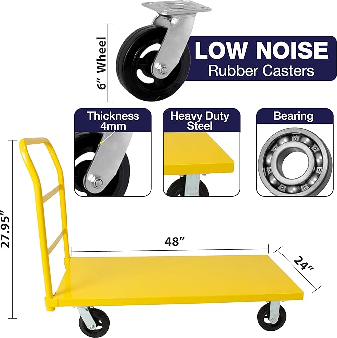 5Seconds Platform Cart Industrial Dolly 2400LB Heavy Duty 48” X 24” Platform Hand Push Truck Commercial Cart Flatbed, Moving Cart 6” Swivel Wheels Flatbed cart