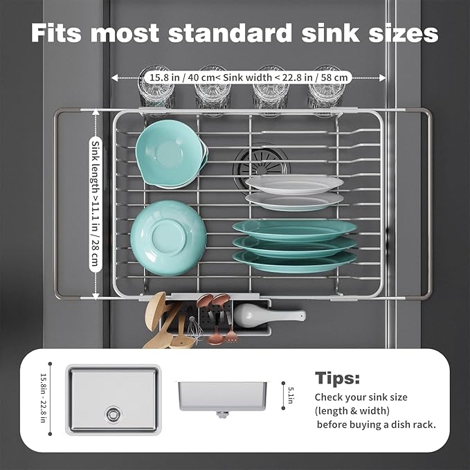 Dish Drying Rack in Sink: Expandable, 3-Slot Utensil Holder, Anti-Slip Handle. Small Dish Rack: Ideal for Small Households. Kitchen Drying Rack: White