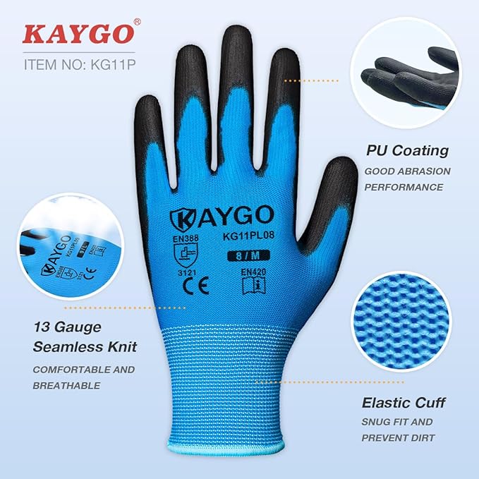 KAYGO Safety Work Gloves PU Coated-12 Pairs, KG11PB, Seamless Knit Glove with Polyurethane Coated Smooth Grip on Palm&Fingers, for Men and Women, Ideal for General Duty Work (Small, Blue)