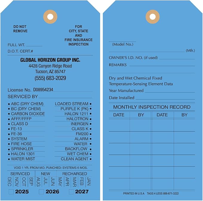 Tags 4 Less Custom Fire Extinguisher Tags – Preventative Maintenance Labels for Monthly Inspections, Alternative to Safety Sticker for Easy Record-Keeping – Pack of 100 (Dark Blue, Cardboard)