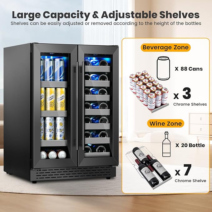 24 Inch Black Dual Zone Wine Fridge,20 Bottle & 88 Cans Wine and Beverage Refrigerator with Glass Door,Undercounter&Freestanding Stainless Steel Handle Wine Cooler Refrigerator for Home,Party