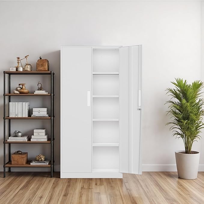 Oakmont Metal Storage Cabinet for Tool Organization, 72" Lockable Garage Storage Cabinets with 2 Doors and 4 Adjustable Shelves, Locking File Cabinet for Office, Home, School (72“ Standard-White)