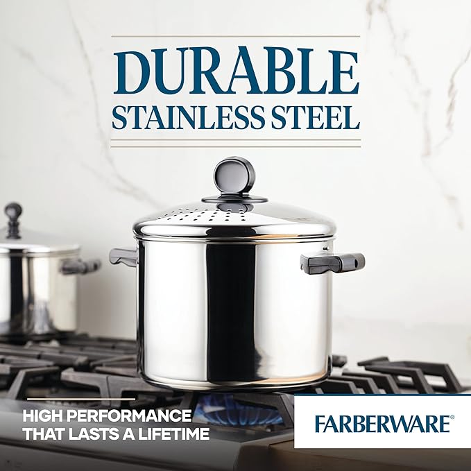 Farberware 70755 Classic Series Stainless Steel 8-Quart Covered Straining Stockpot with Lid, Stainless Steel Pot with Lid, Silver