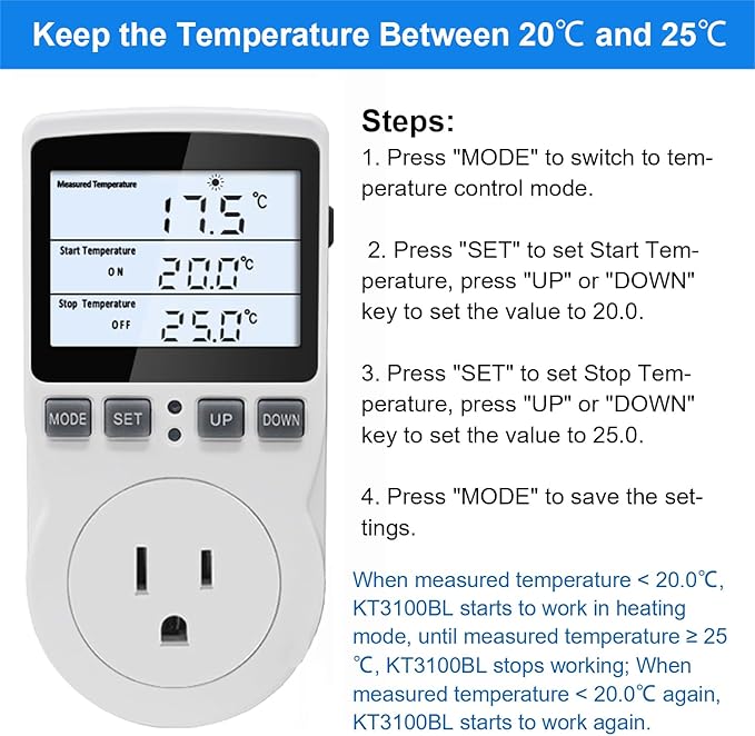 KETOTEK Digital Temperature Controller Thermostat Outlet Plug 120V with LCD Backlight, Heating Cooling Temperature Controlled Outlet 110V 15A with 3m Sensor
