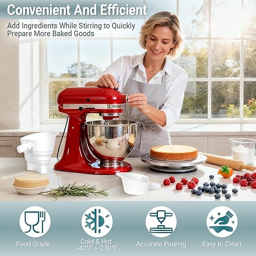 Foldable Flour Funnel for KitchenAid 4.5-5 Qt Tilt Head Stand Mixers, Silicone Funnel Stand Mixer Attachment Dishwasher-Safe