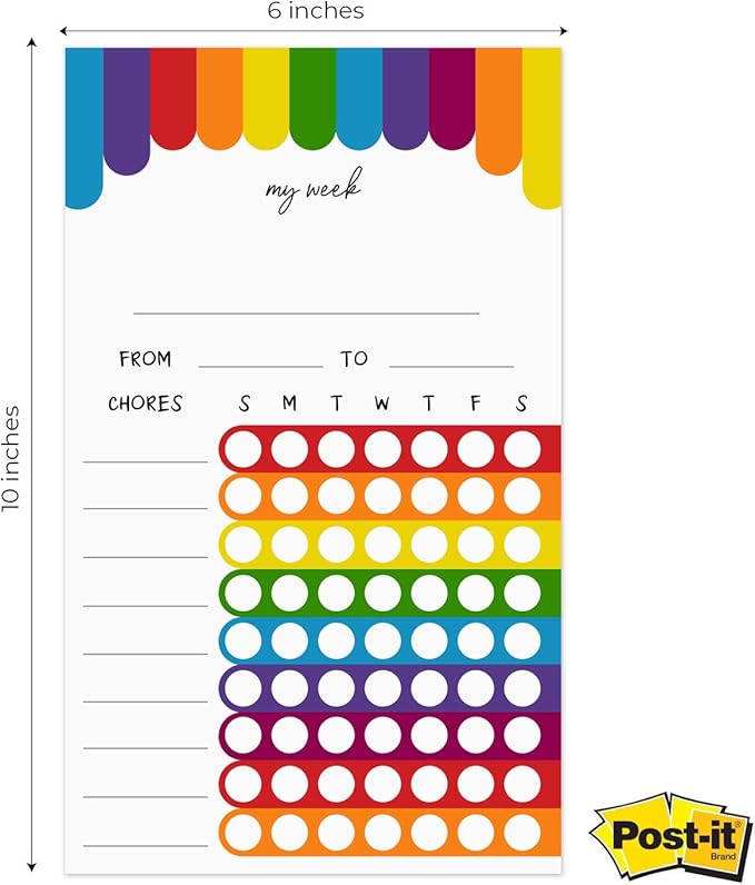 Cheerful Rainbow Weekly Chore Chart / 6" x 10" Sticky Note Fill in Task List/Engaging Week Assignment List