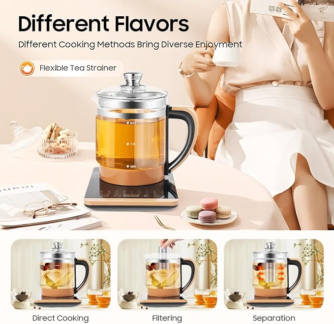 1.8L Electric Kettle, 800W Multifunctional Glass Kettle with Stainless Steel Strainer & Steamed Eggs Holder, 12 Modes Hot Beverage Tea Maker and Kettle for Soup, Porridge, Herbal Tea, 110V