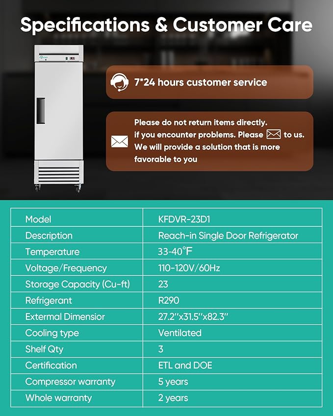 COOLCHEF 27" Commercial Refrigerator, 23 Cu. Ft Stainless Steel Upright Reach-in Fridge, 33℉~40℉, 3 Adjustable Shelves