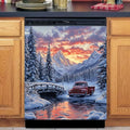 Winter Mountain Landscape with Red Truck Magnetic Dishwasher Cover Vinyl Sticker,Pine Trees Dishwasher Magnet Cover,Fridge Door Cover Magnets Art Skin Panel Decal for Home Decor, 23"X26"