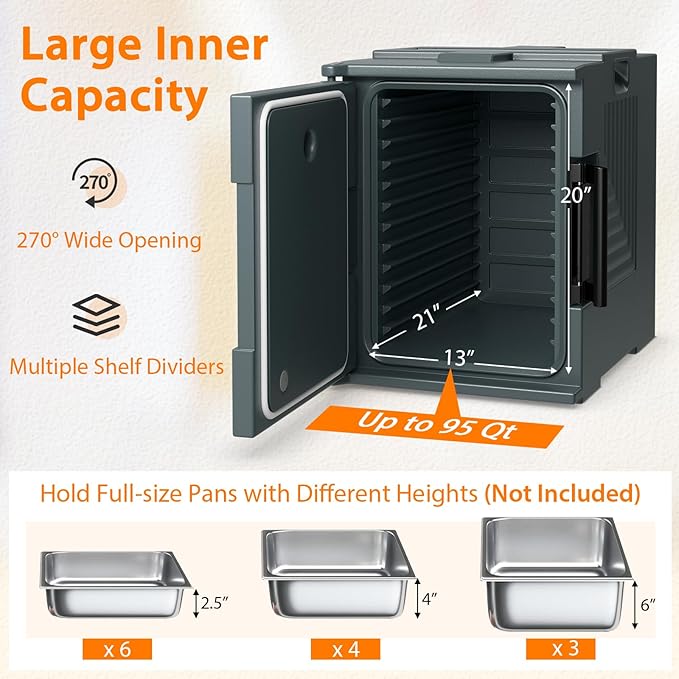 COSTWAY Insulated Food Pan Carrier, 95 Qt Hot Box Catering for 6 Full-Size Pan, Stackable Design, Fastener, Portable Front-Loading Food Warmer for Family Gathering, Buffets, Restaurant, Grey (1)