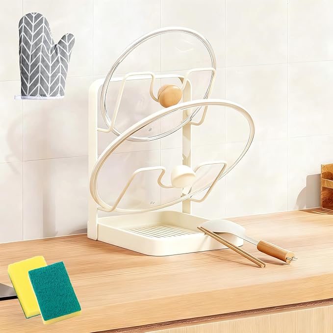 Kitchen Pot Lid Storage Rack, Multifunctional Stainless Steel Pot Lid Holder While Cooking, Pot Lid Organizer with Removable Drip Tray, Two-Compartment Spatula Holder for Stove (Begie,Double-layer)