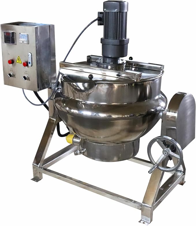 50L Jacketed Kettle 220V Commercial Electric Automatic Cooking Pot Tilting Jacketed Pot 750W Three Phase with Mixer for Soup Sugar Jam Chilli Tomato Sauce